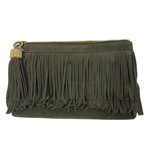 India Hicks Olive Green Suede Leather Western Style Fringed Clutch Purse - Picture 2 of 6